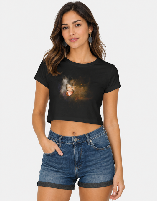 Butterfly Aesthetic Black Crop Top for Women | 100% Cotton Graphic Crop Tee